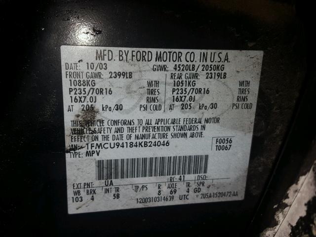 1FMCU94184KB24046 - 2004 FORD ESCAPE LIM BLACK photo 10