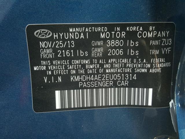 KMHDH4AE2EU051314 - 2014 HYUNDAI ELANTRA SE BLUE photo 10