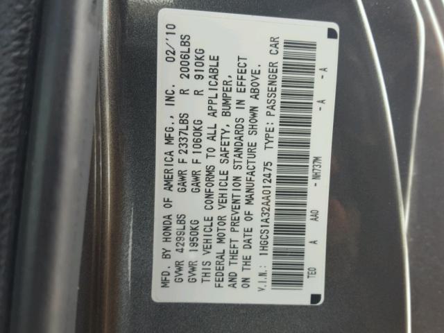 1HGCS1A32AA012475 - 2010 HONDA ACCORD LX GRAY photo 10