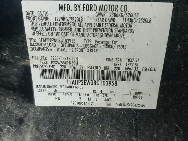 1FAHP2EW0BG103958 - 2011 FORD TAURUS SEL BLUE photo 10