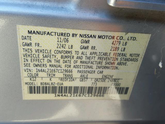 1N4AL21E67C129666 - 2007 NISSAN ALTIMA 2.5 SILVER photo 10