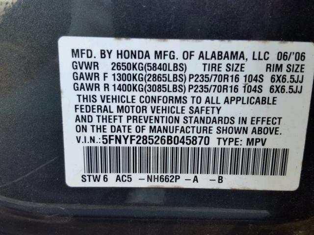 5FNYF28526B045870 - 2006 HONDA PILOT EX BLUE photo 10