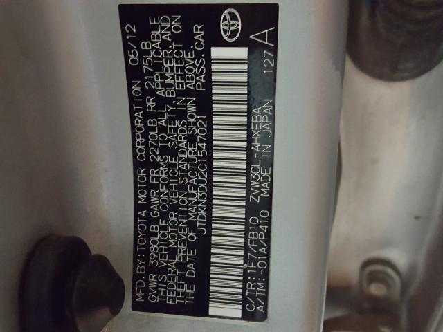 JTDKN3DU2C1547021 - 2012 TOYOTA PRIUS SILVER photo 10