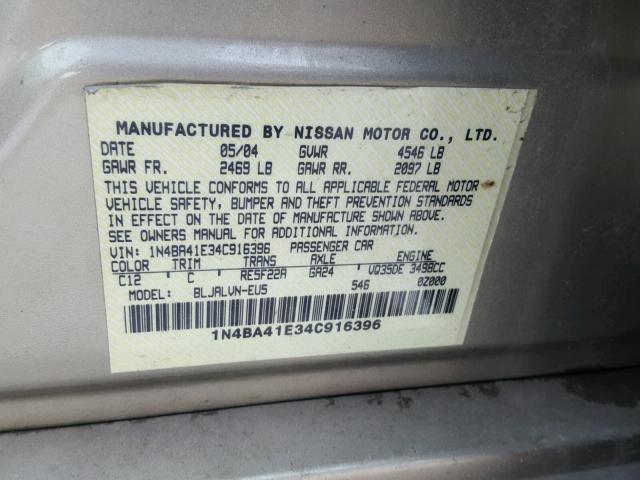 1N4BA41E34C916396 - 2004 NISSAN MAXIMA SE GOLD photo 10