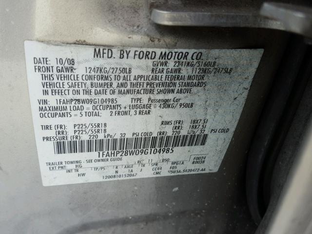 1FAHP28W09G104985 - 2009 FORD TAURUS LIM BEIGE photo 10