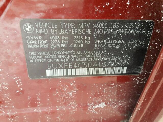 5UXFE4C50AL379767 - 2010 BMW X5 XDRIVE3 RED photo 10
