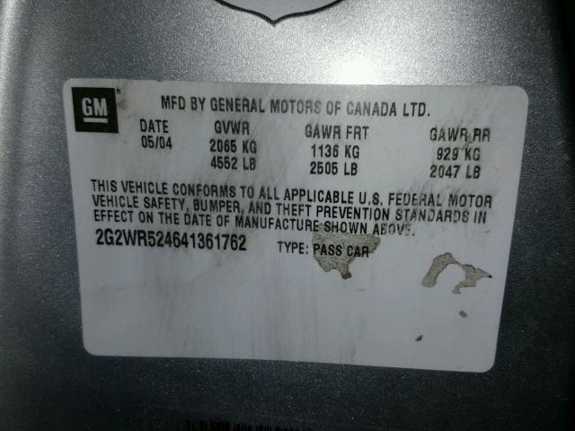 2G2WR524641361762 - 2004 PONTIAC GRAND PRIX SILVER photo 10