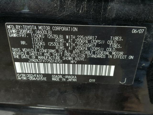 JTMZK31V775014701 - 2007 TOYOTA RAV4 LIMIT BLACK photo 10