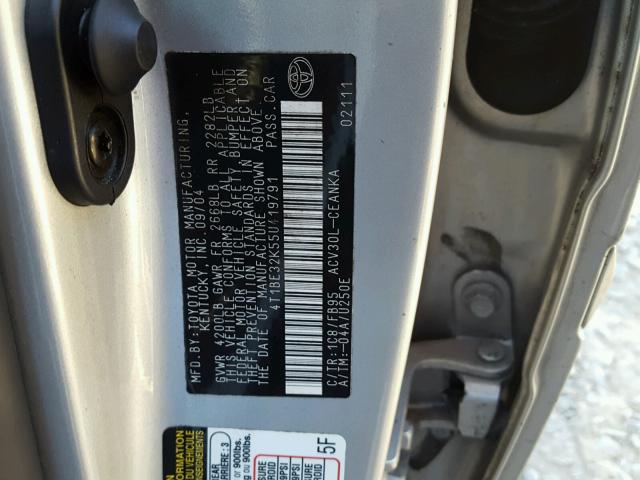 4T1BE32K55U419791 - 2005 TOYOTA CAMRY LE SILVER photo 10