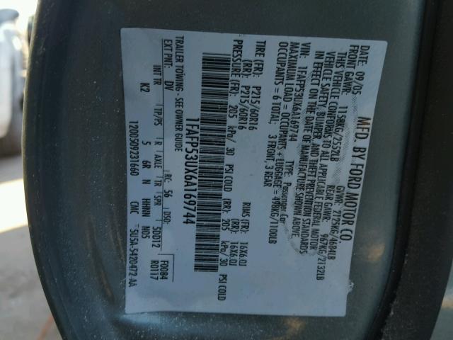 1FAFP53UX6A169744 - 2006 FORD TAURUS SE GREEN photo 10