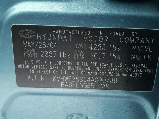 KMHWF25S34A090738 - 2004 HYUNDAI SONATA GL BLUE photo 10