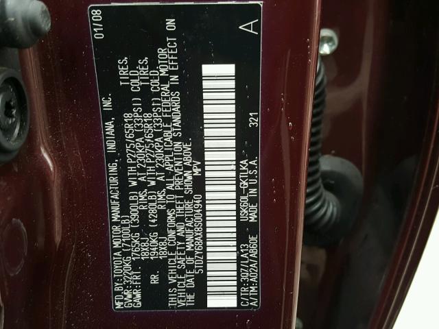 5TDZY68AX8S004940 - 2008 TOYOTA SEQUOIA LI BURGUNDY photo 10