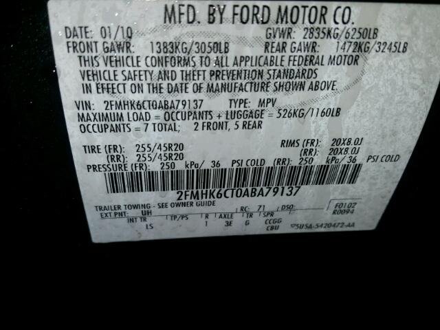 2FMHK6CT0ABA79137 - 2010 FORD FLEX SEL BLACK photo 10