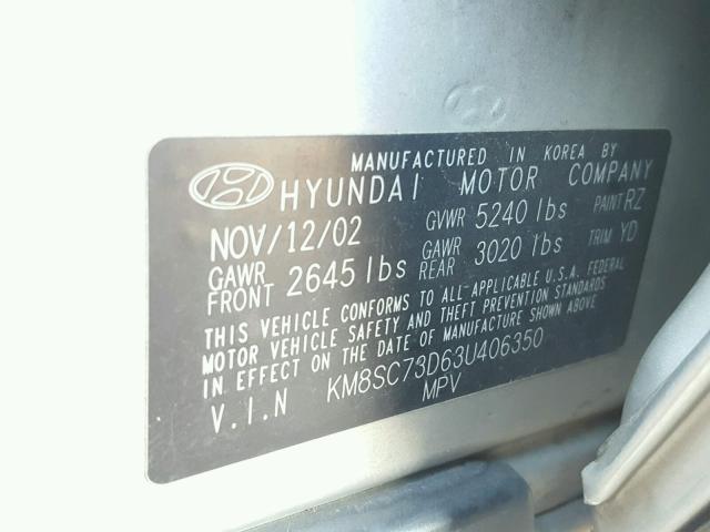 KM8SC73D63U406350 - 2003 HYUNDAI SANTA FE G SILVER photo 10