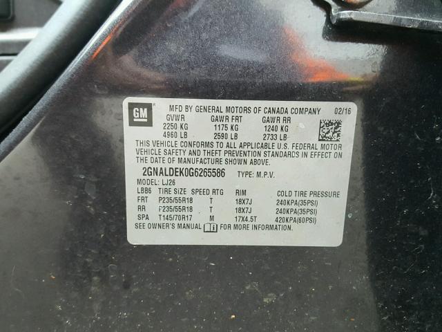 2GNALDEK0G6265586 - 2016 CHEVROLET EQUINOX LT GRAY photo 10