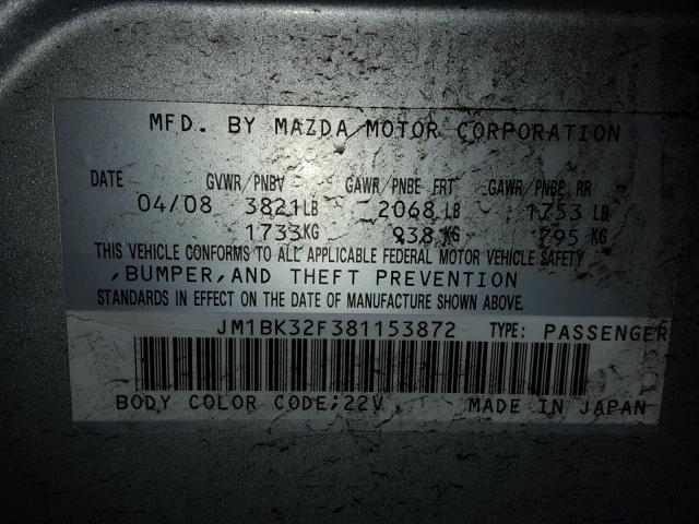 JM1BK32F381153872 - 2008 MAZDA 3 I SILVER photo 10