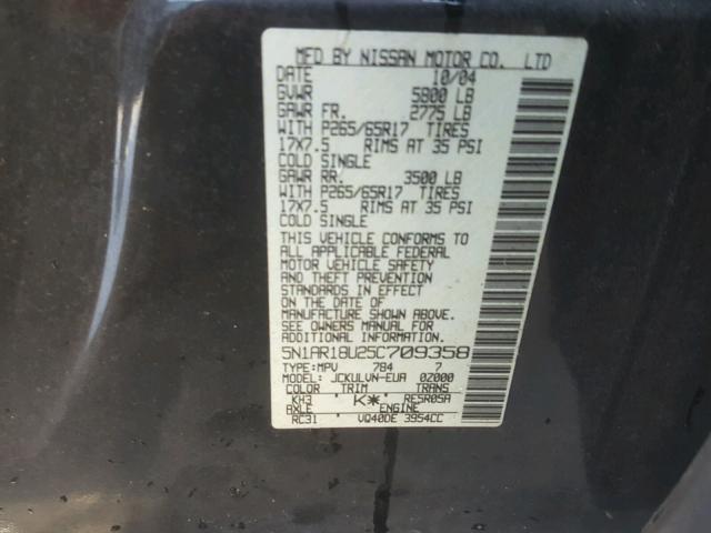 5N1AR18U25C709358 - 2005 NISSAN PATHFINDER BLACK photo 10