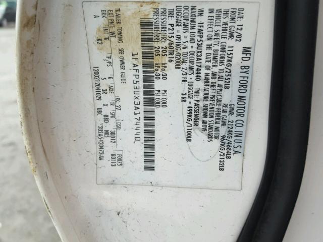 1FAFP53UX3A174440 - 2003 FORD TAURUS SE WHITE photo 10