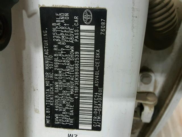 4T1BF3EK9BU662539 - 2011 TOYOTA CAMRY BASE WHITE photo 10