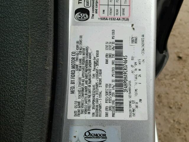 3FAHP0HA9CR374645 - 2012 FORD FUSION SE SILVER photo 10