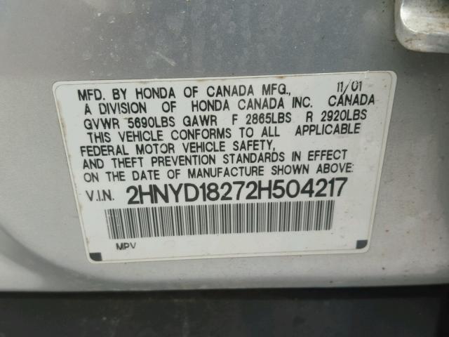 2HNYD18272H504217 - 2002 ACURA MDX SILVER photo 10