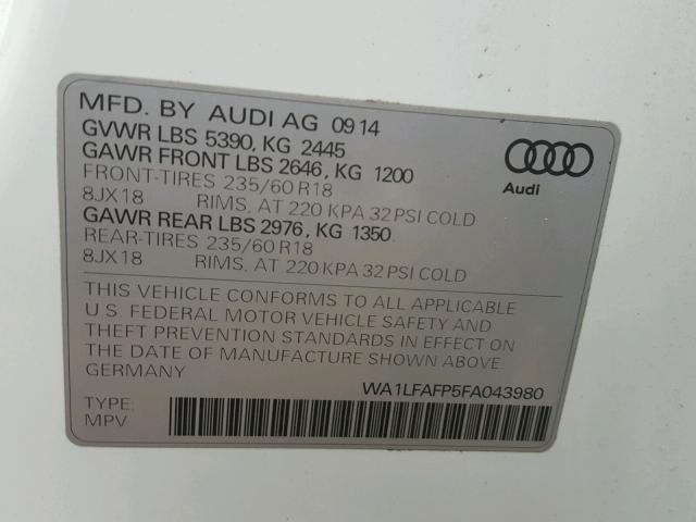 WA1LFAFP5FA043980 - 2015 AUDI Q5 PREMIUM WHITE photo 10