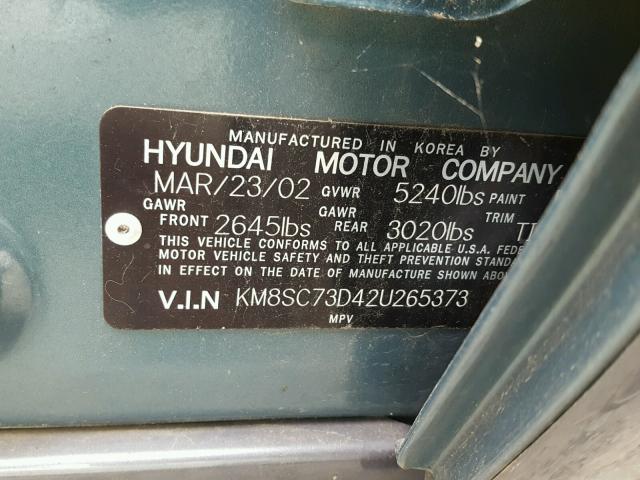 KM8SC73D42U265373 - 2002 HYUNDAI SANTA FE G GREEN photo 10