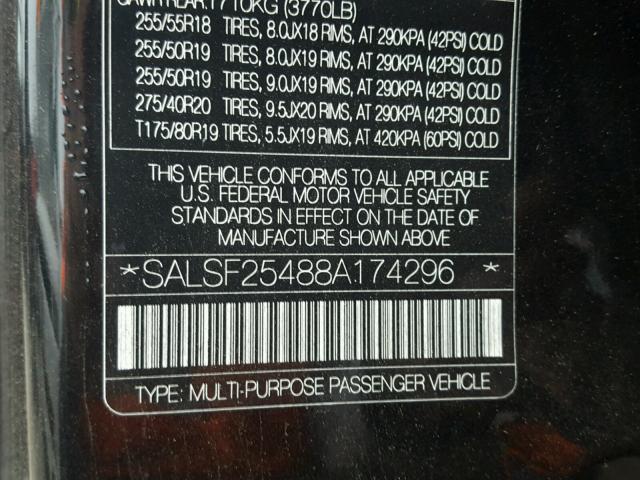 SALSF25488A174296 - 2008 LAND ROVER RANGE ROVE BLACK photo 10