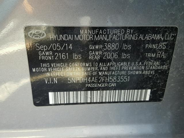 5NPDH4AE2FH583551 - 2015 HYUNDAI ELANTRA SE GRAY photo 10