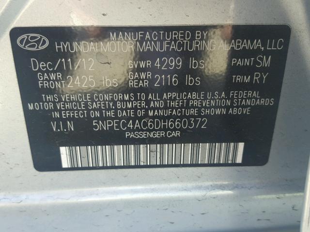 5NPEC4AC6DH660372 - 2013 HYUNDAI SONATA SE SILVER photo 10