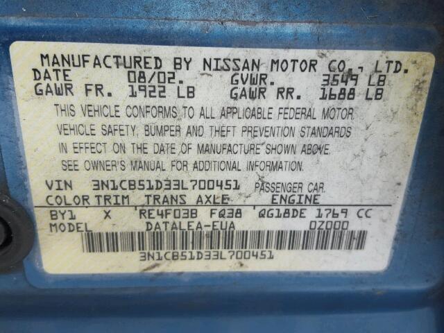 3N1CB51D33L700451 - 2003 NISSAN SENTRA XE BLUE photo 10