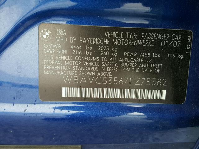 WBAVC53567FZ75382 - 2007 BMW 328 I SULE BLUE photo 10