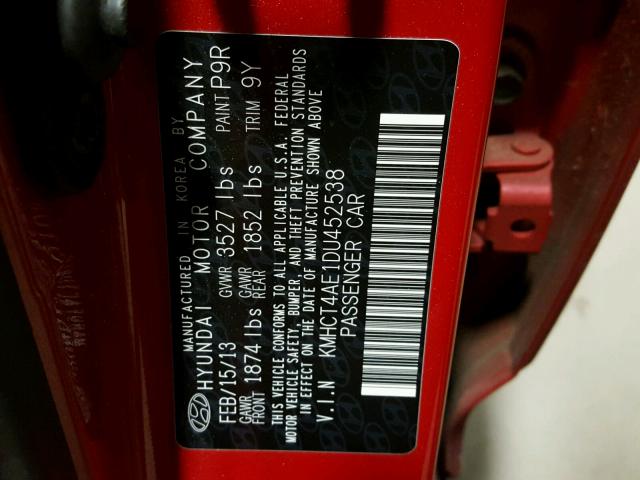 KMHCT4AE1DU452538 - 2013 HYUNDAI ACCENT GLS RED photo 10