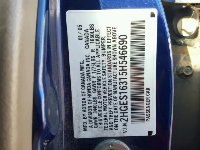 2HGES16315H546690 - 2005 HONDA CIVIC DX V BLUE photo 10