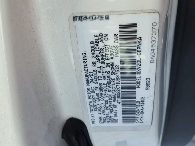 4T1BG22K71U837512 - 2001 TOYOTA CAMRY CE WHITE photo 10