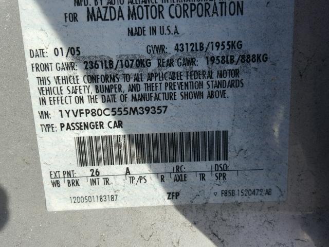 1YVFP80C555M39357 - 2005 MAZDA 6 I SILVER photo 10