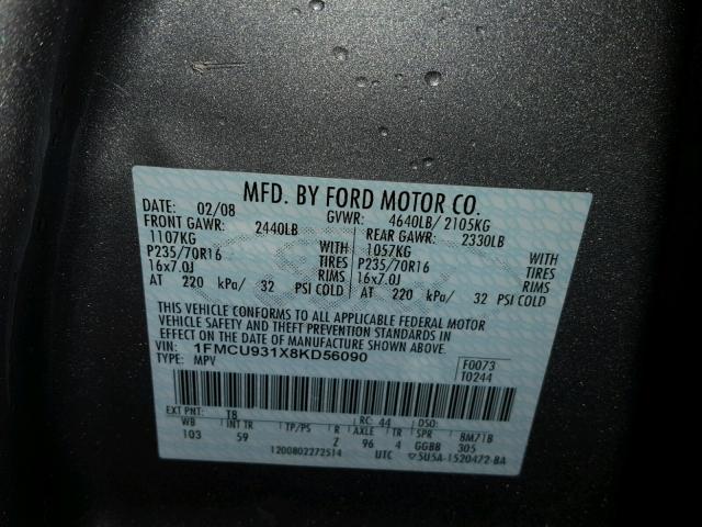 1FMCU931X8KD56090 - 2008 FORD ESCAPE XLT GRAY photo 10