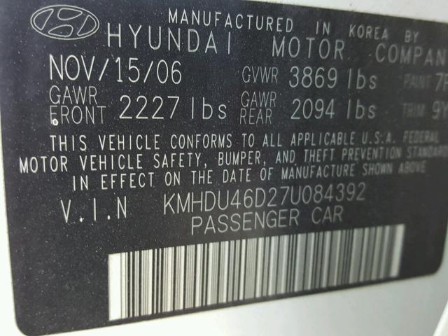 KMHDU46D27U084392 - 2007 HYUNDAI ELANTRA GL WHITE photo 10