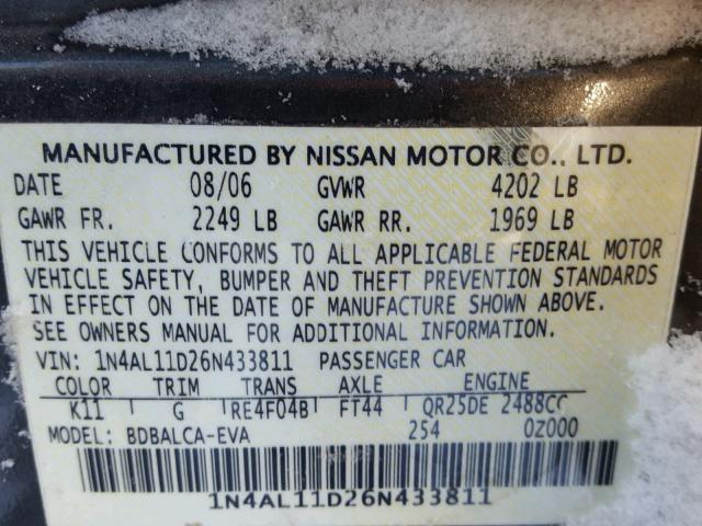 1N4AL11D26N433811 - 2006 NISSAN ALTIMA S GRAY photo 10