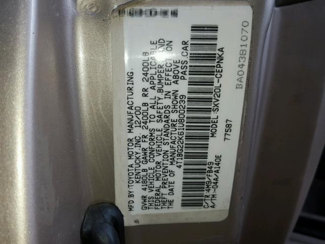 4T1BG22K61U800239 - 2001 TOYOTA CAMRY CE TAN photo 10