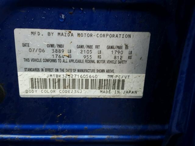 JM1BK323271605640 - 2007 MAZDA 3 S BLUE photo 10