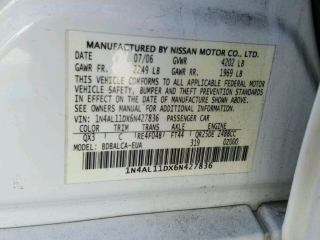 1N4AL11DX6N427836 - 2006 NISSAN ALTIMA S WHITE photo 10