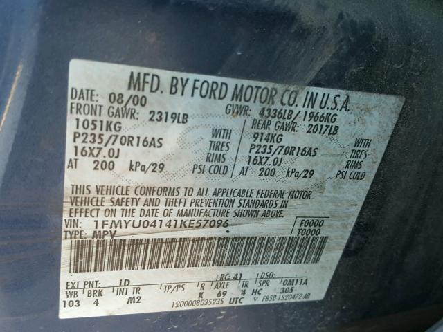 1FMYU04141KE57096 - 2001 FORD ESCAPE XLT BLUE photo 10