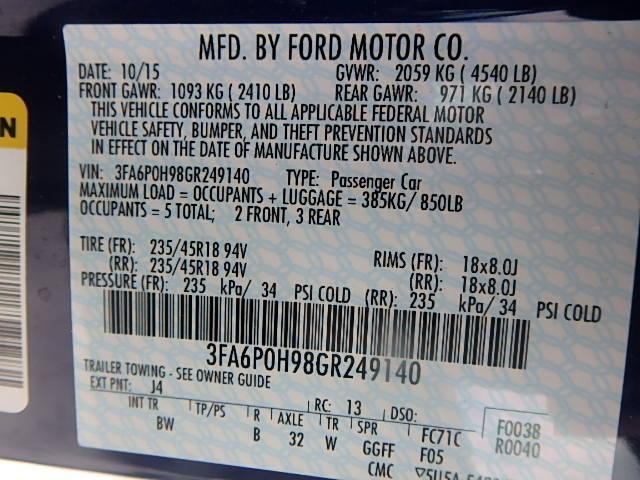 3FA6P0H98GR249140 - 2016 FORD FUSION SE BLUE photo 10