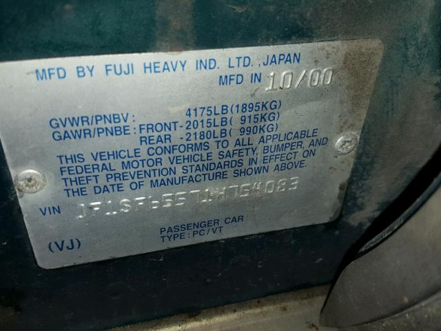 JF1SF65571H754083 - 2001 SUBARU FORESTER S GREEN photo 10