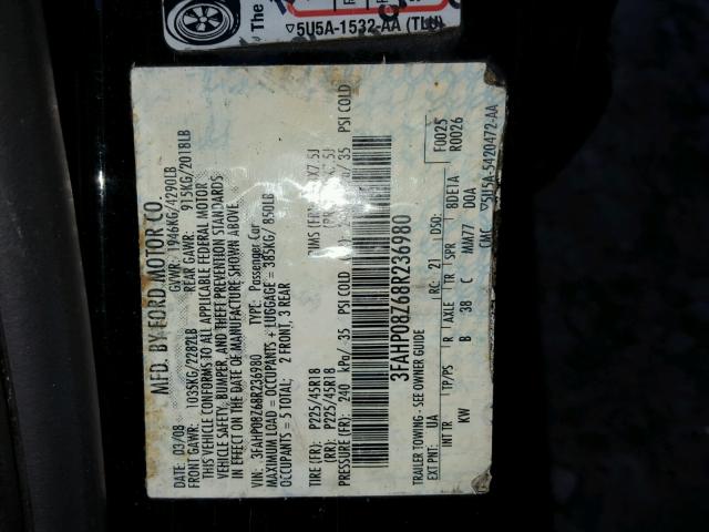 3FAHP08Z68R236980 - 2008 FORD FUSION SEL BLACK photo 10