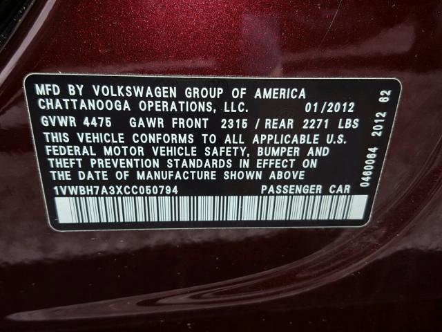 1VWBH7A3XCC050794 - 2012 VOLKSWAGEN PASSAT SE MAROON photo 10