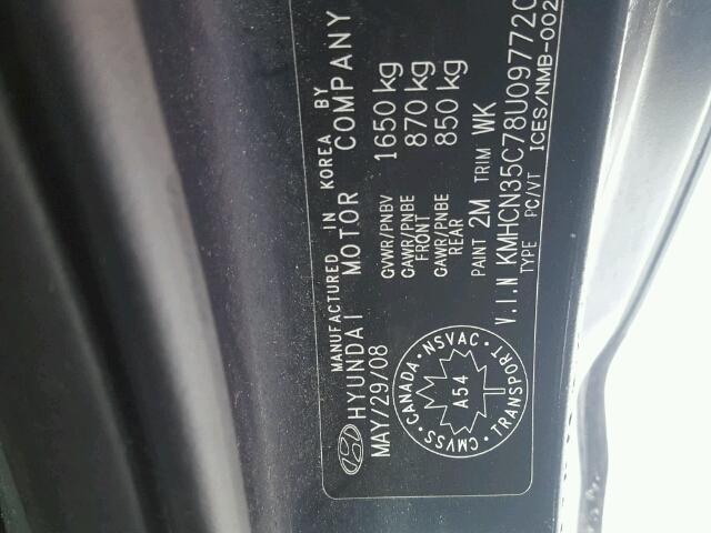 KMHCN35C78U097720 - 2008 HYUNDAI ACCENT BAS GRAY photo 10