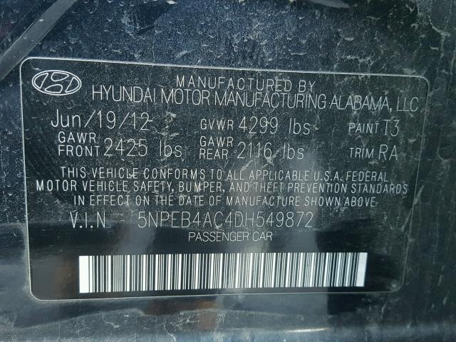 5NPEB4AC4DH549872 - 2013 HYUNDAI SONATA GLS BLUE photo 10