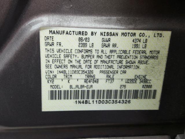 1N4BL11D03C354326 - 2003 NISSAN ALTIMA SE BEIGE photo 10